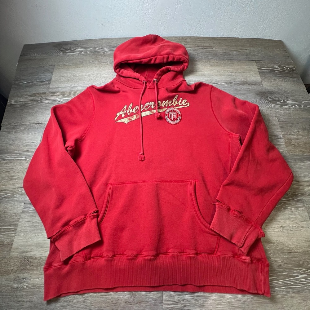 Abercrombie & Fitch Hoodie Mens XL Red Distressed Collegiate Logo Pullover